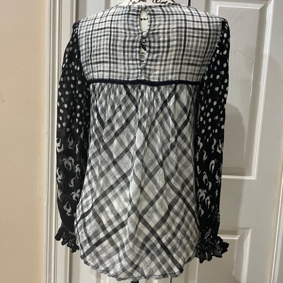 BL-NK BLOUSE MIRANDA PEASANT MONOCHROMATIC BLACK/WHITE SHEER PRINT Sz S BADDIE - Picture 13 of 16